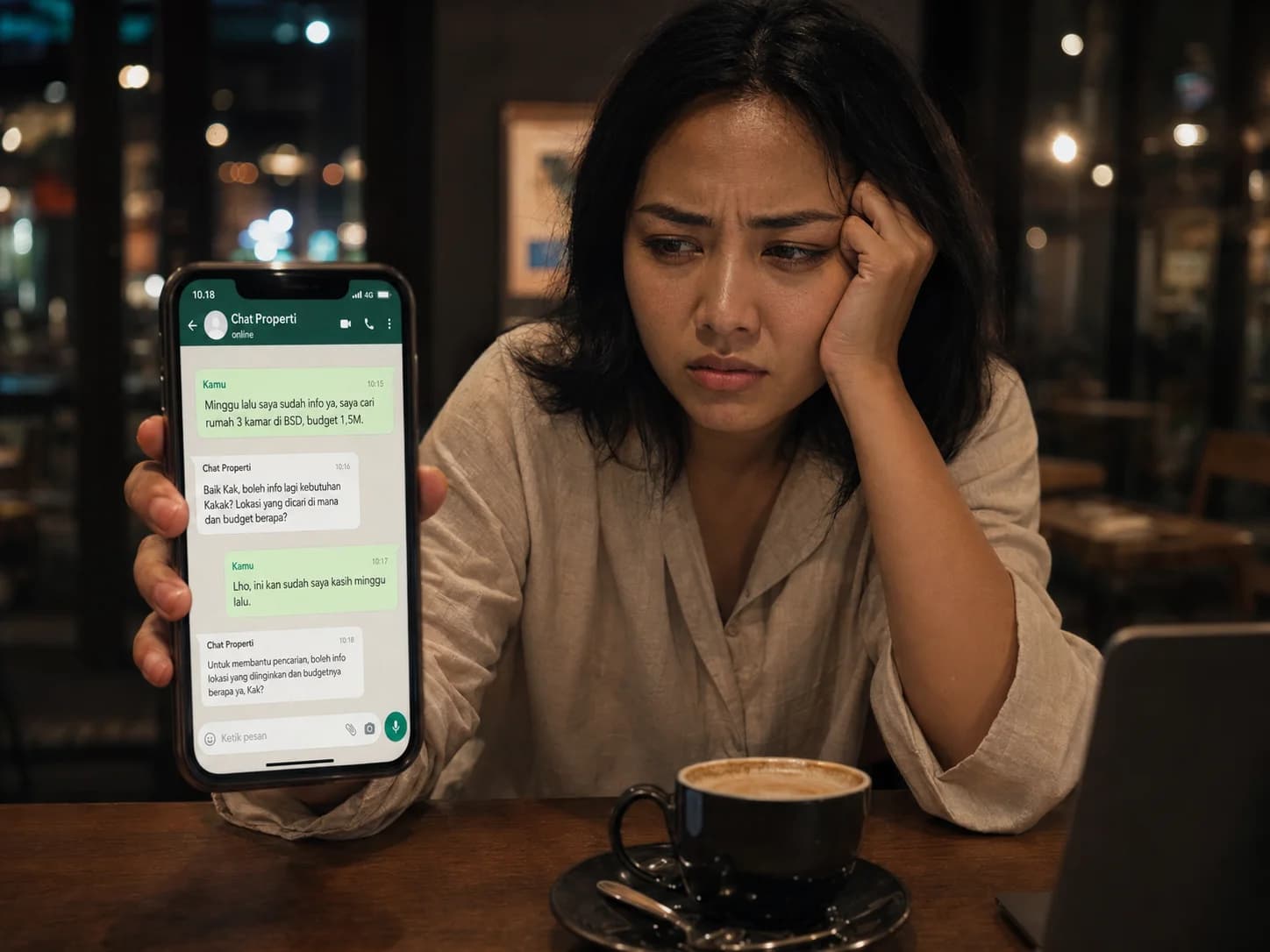 Woman frustrated dengan phone menampilkan bot yang tanya ulang informasi yang sudah pernah diberikan (Fitur 2 · Pain)