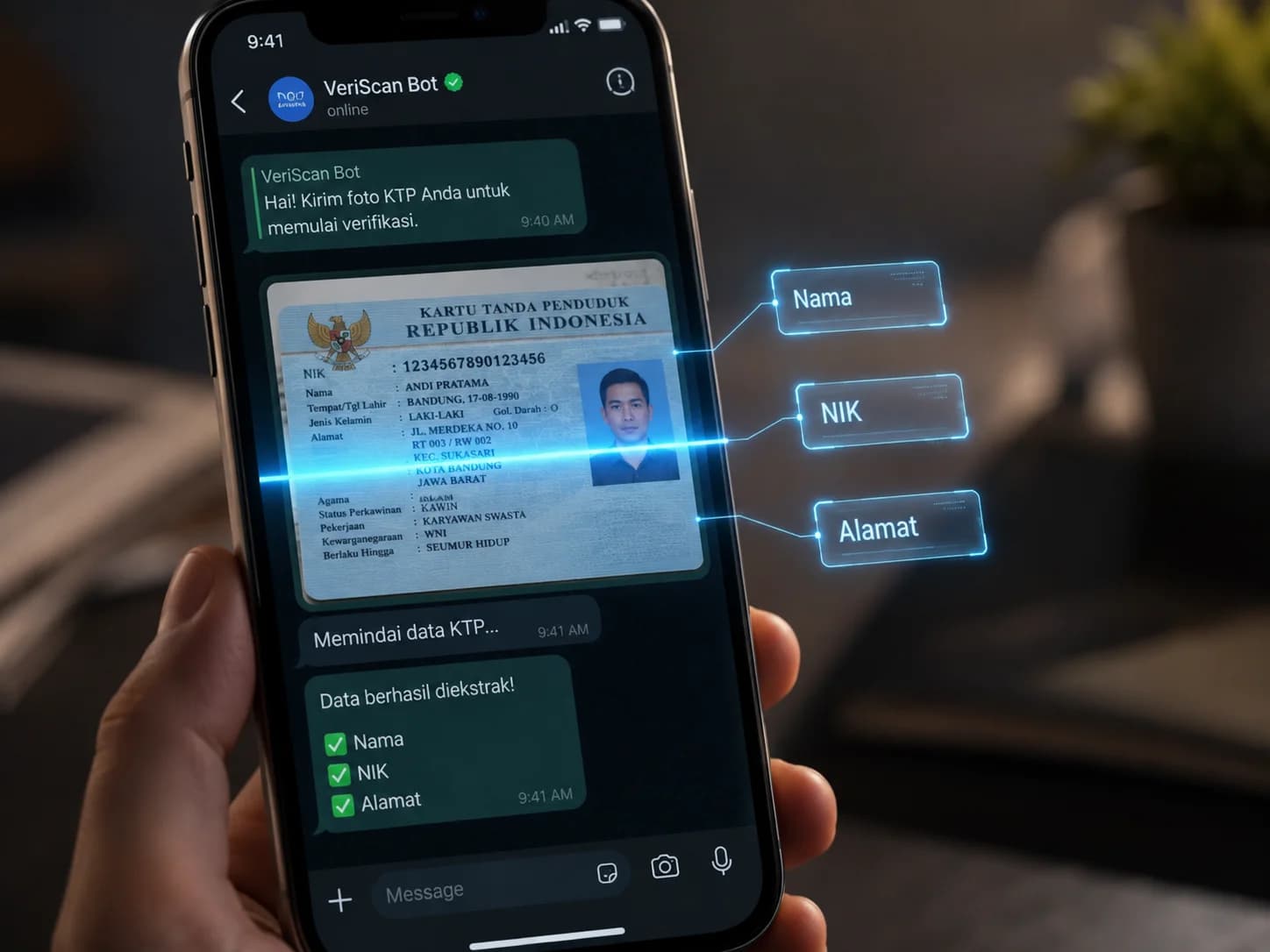 Close-up phone: KTP scan dengan azure scan line + fields floating out (Nama, NIK, Alamat, dsb) auto-extract (Fitur 3 · Cara kerja)