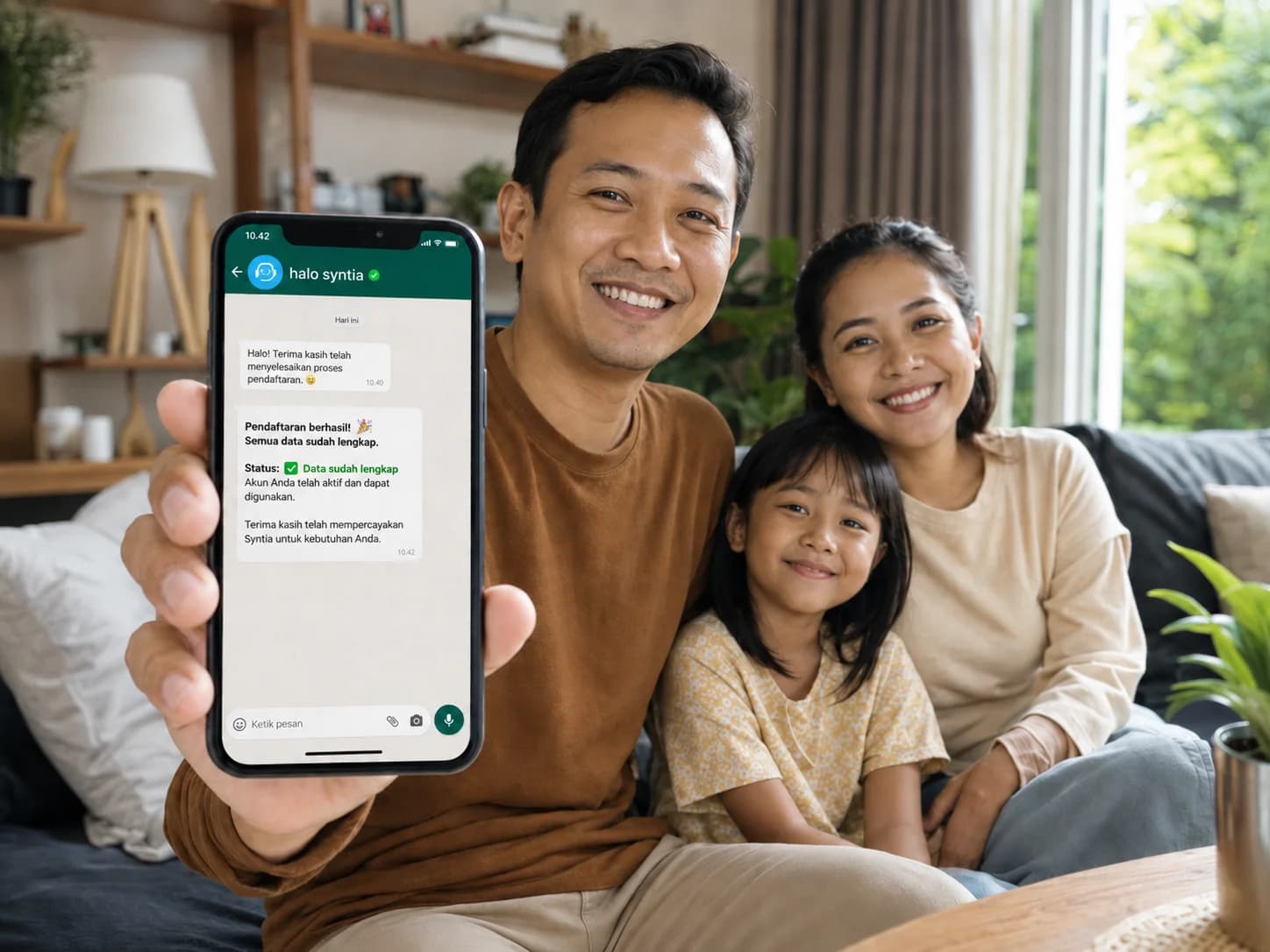 Family relax di couch, satu anggota hold phone tampilkan Syntia konfirmasi pendaftaran sukses (Fitur 3 · Manfaat)