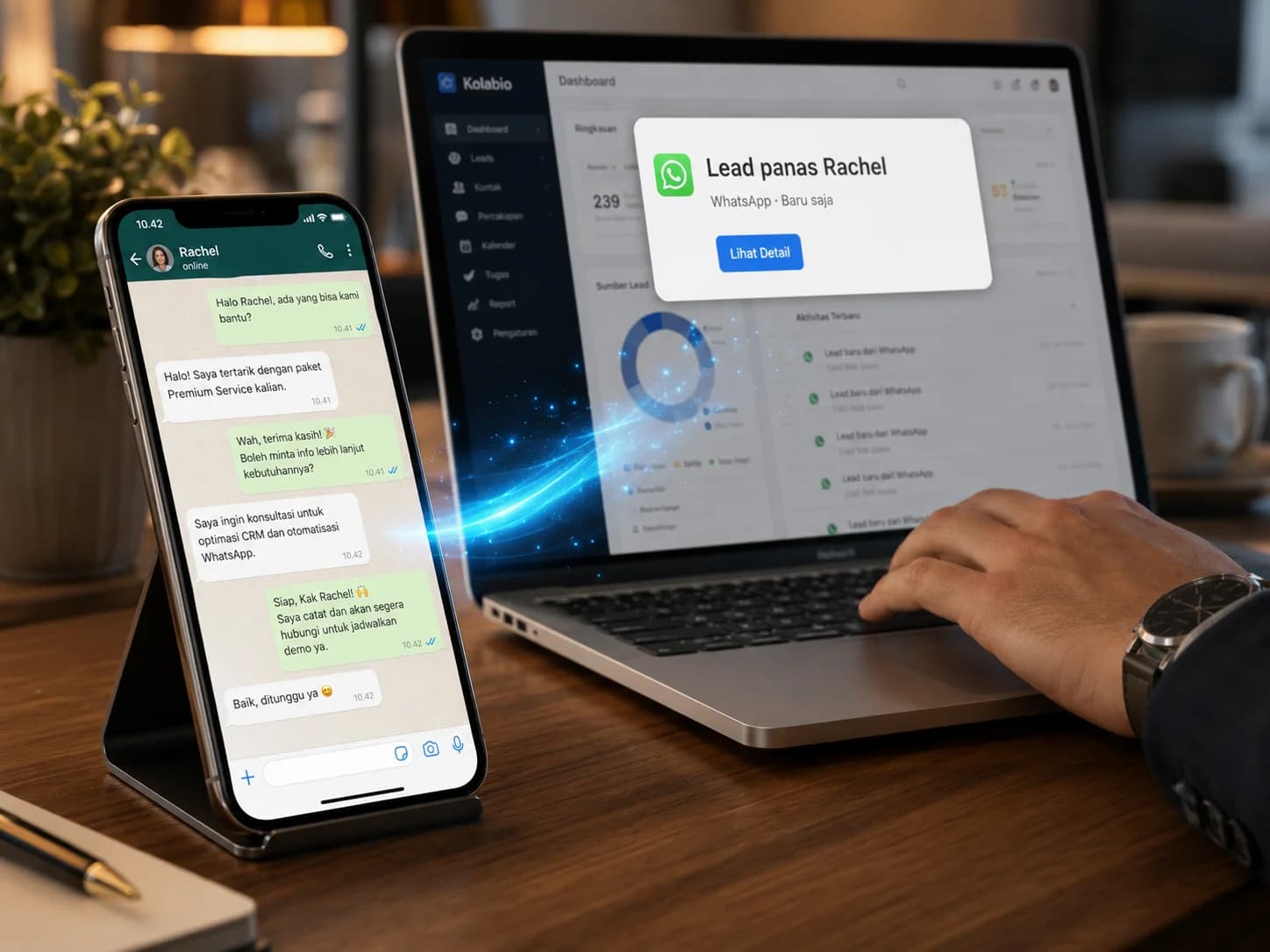 Workspace: phone WA + MacBook notif 'Lead panas Rachel' + hand sales reach keyboard, azure trail data flow (Fitur 4 · Cara kerja)