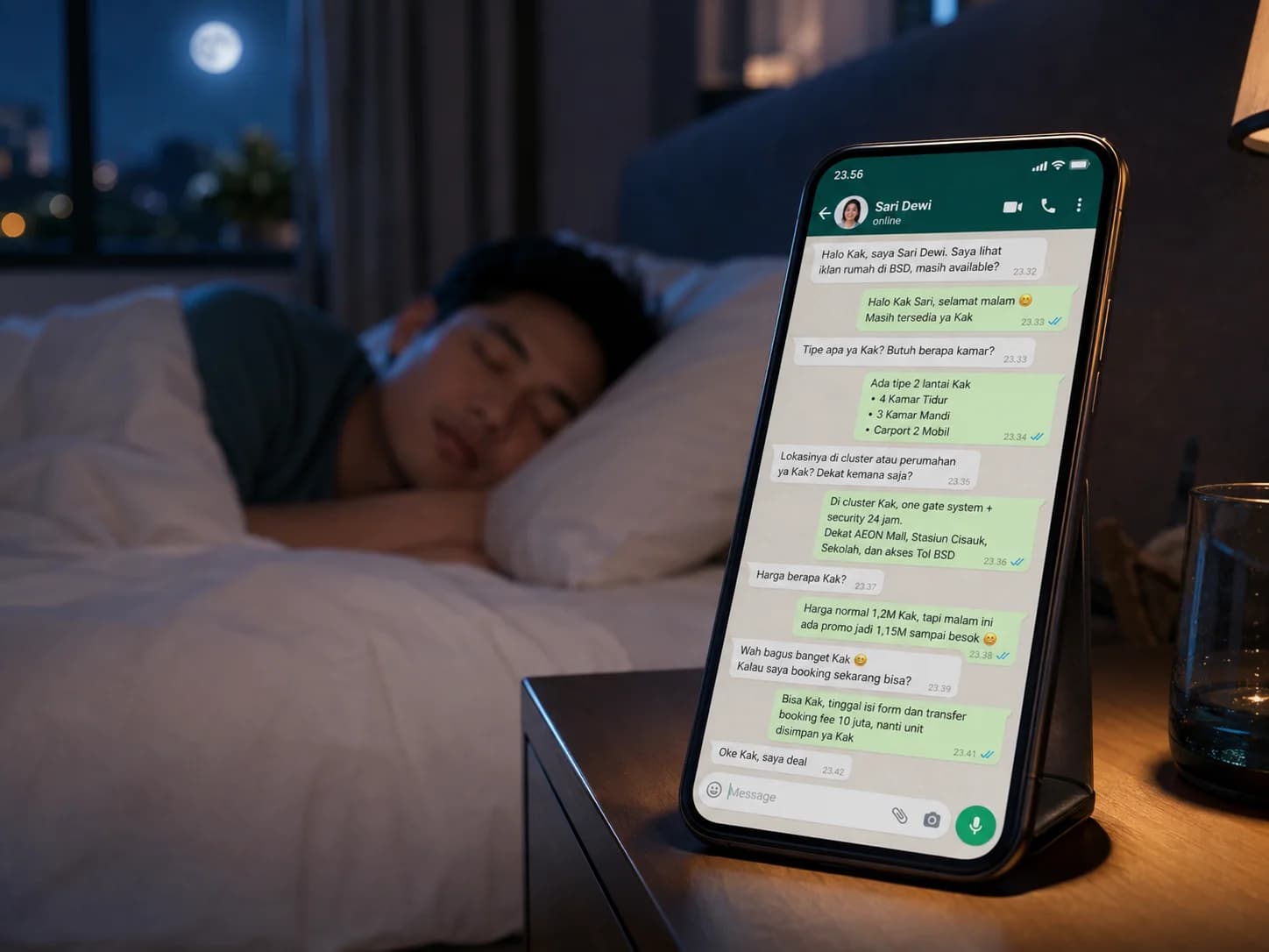Entrepreneur tidur nyenyak, HP di nightstand aktif balas WA. Chat dimulai dari customer 'Sari Dewi', Syntia handle di malam hari